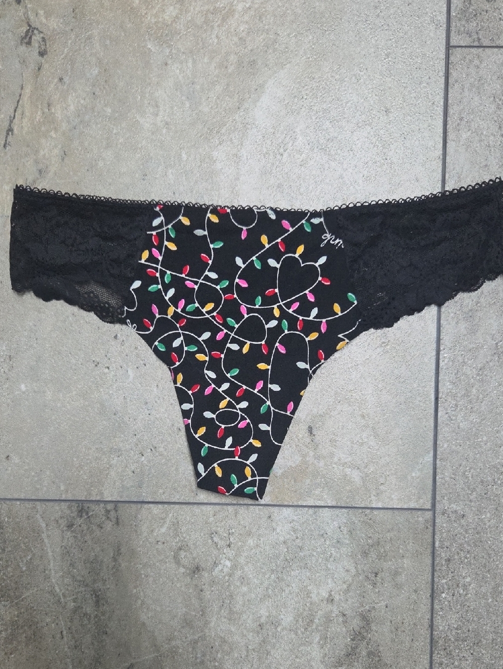 PINK Victoria's Secret Black Lace Thong with Multicolor Light String Print